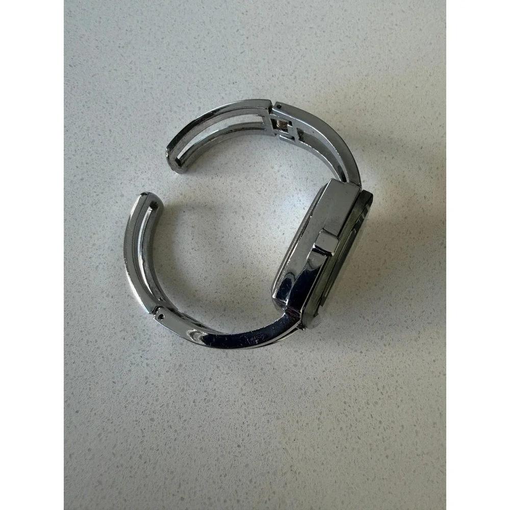 Cruise Club Square Face Quartz Watch Silver Tone Cuff Bangle Black Dial Crystals